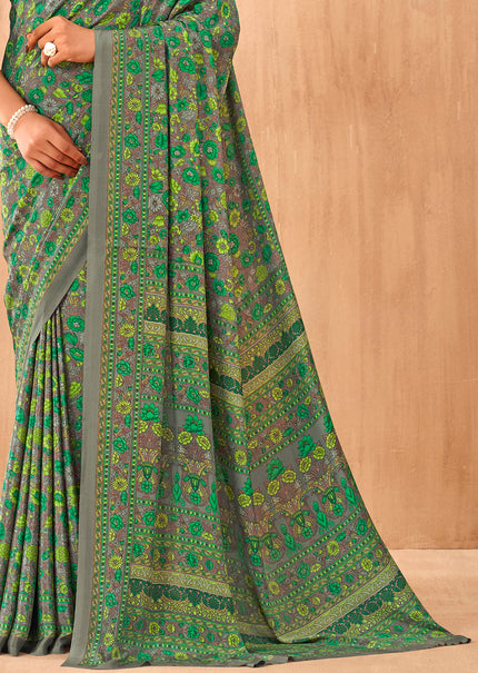 Flower Multi-Coloured Printed, Pure Italian Crape Saree (Green)