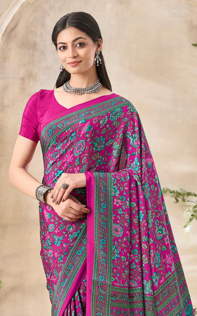 Flower Multi-Coloured Printed, Pure Italian Crape Saree (Pink)