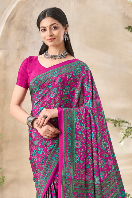 Flower Multi-Coloured Printed, Pure Italian Crape Saree (Pink)