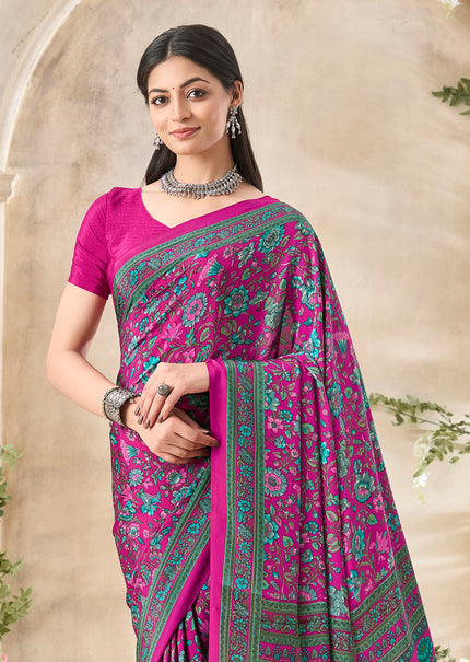 Flower Multi-Coloured Printed, Pure Italian Crape Saree (Pink)