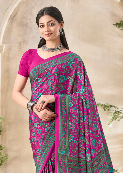 Flower Multi-Coloured Printed, Pure Italian Crape Saree (Magenta Pink)