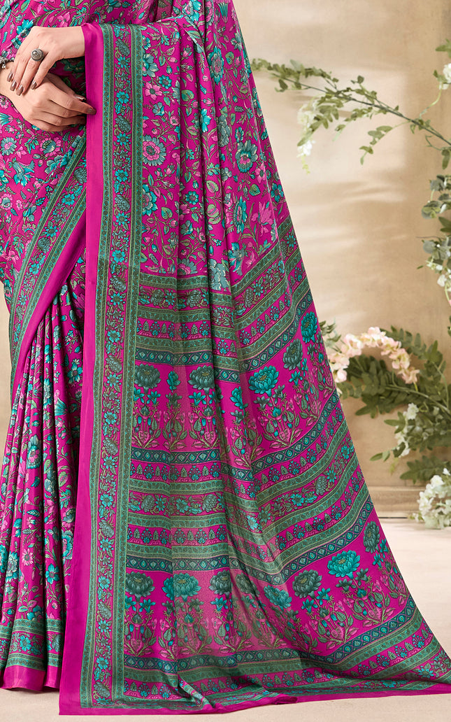 Flower Multi-Coloured Printed, Pure Italian Crape Saree (Pink)