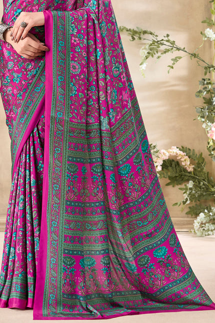 Flower Multi-Coloured Printed, Pure Italian Crape Saree (Pink)