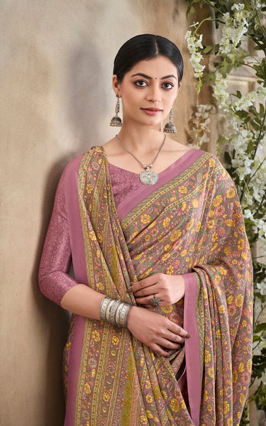 Flower Multi-Coloured Printed, Pure Italian Crape Saree (Pink)