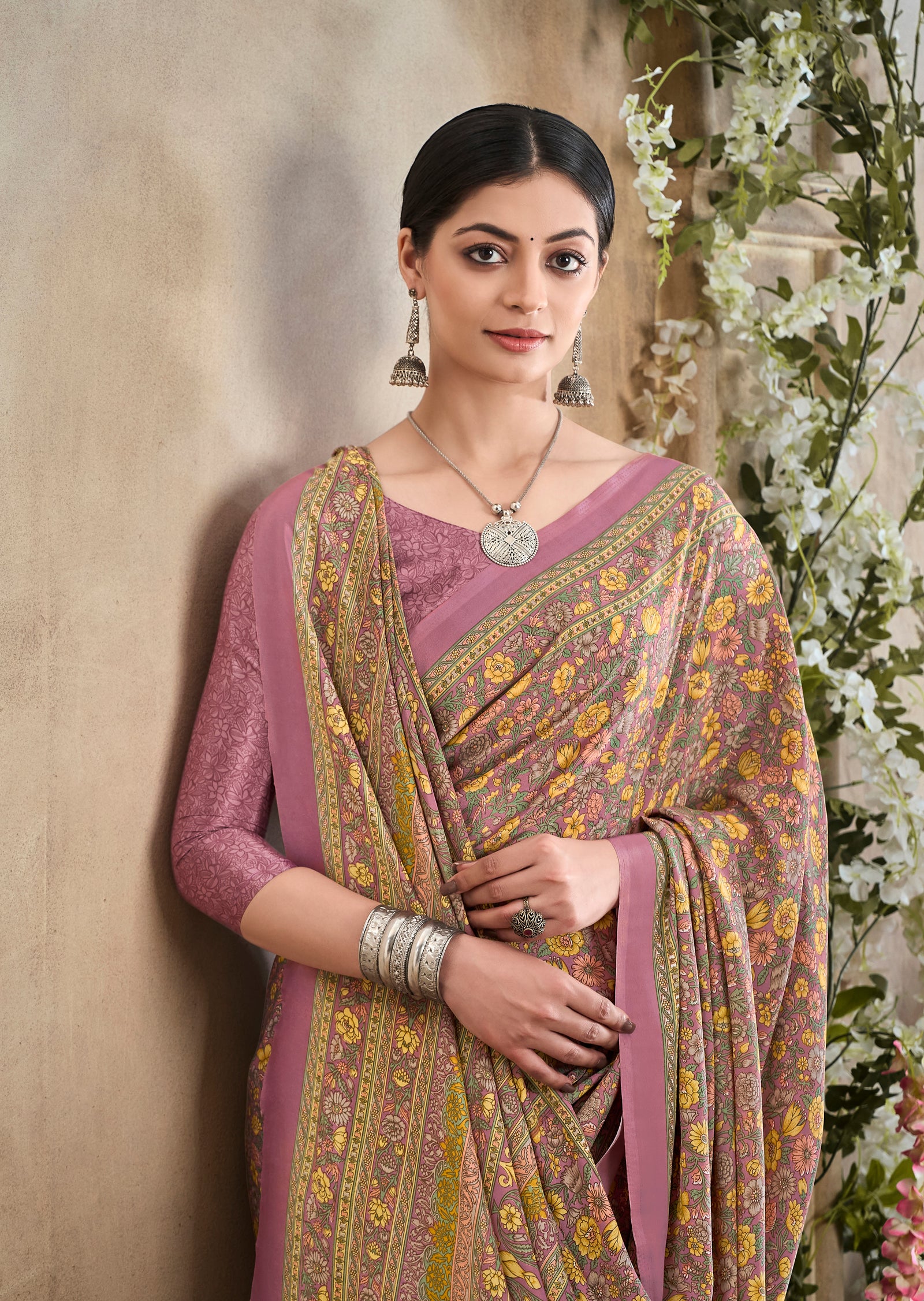 Flower Multi-Coloured Printed, Pure Italian Crape Saree (Pink)