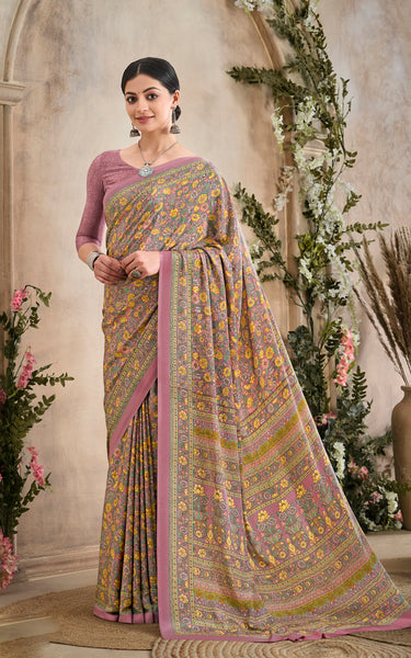 Flower Multi-Coloured Printed, Pure Italian Crape Saree (Pink)