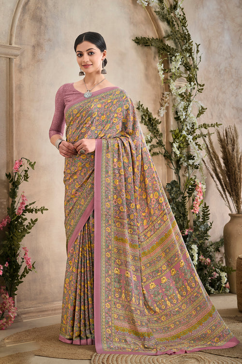 Flower Multi-Coloured Printed, Pure Italian Crape Saree (Pink)