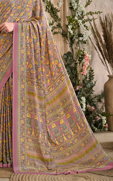 Flower Multi-Coloured Printed, Pure Italian Crape Saree (Pink)