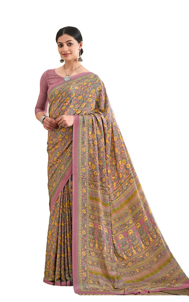Flower Multi-Coloured Printed, Pure Italian Crape Saree (Pink)