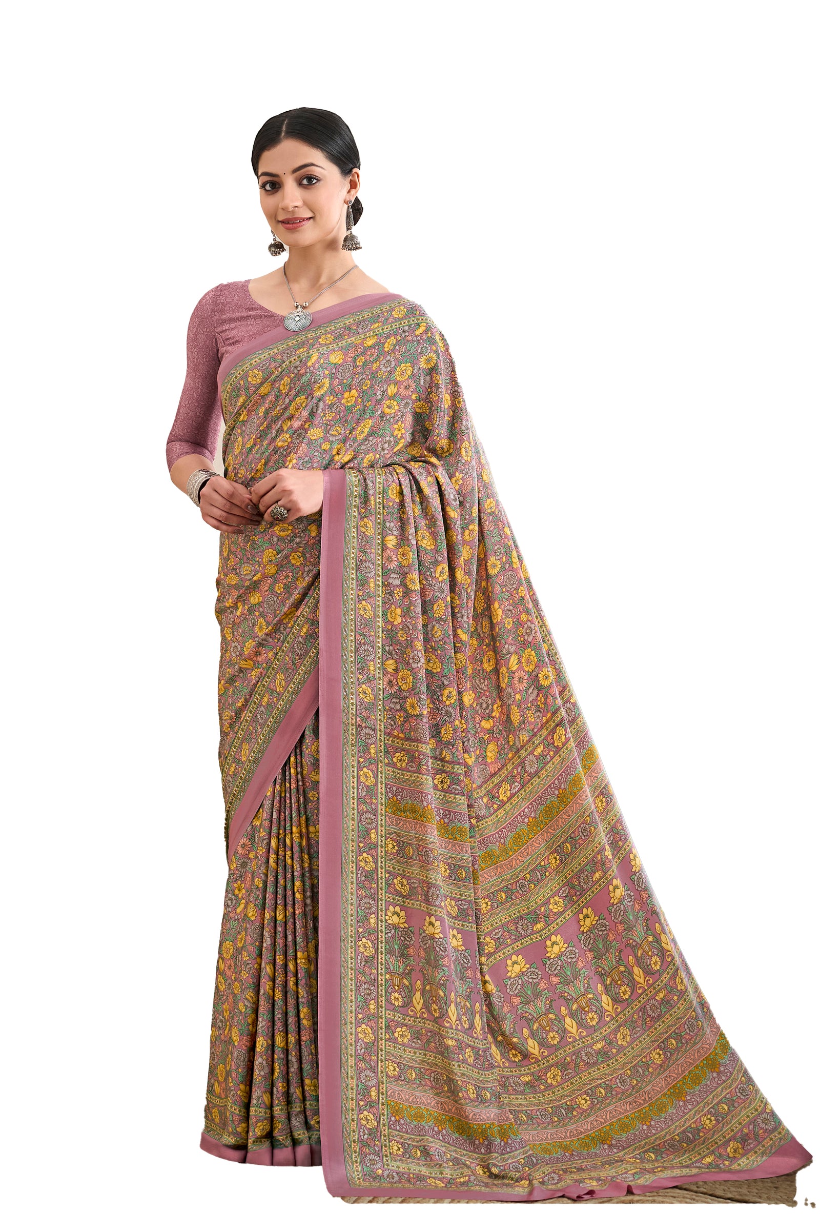Flower Multi-Coloured Printed, Pure Italian Crape Saree (Pink)