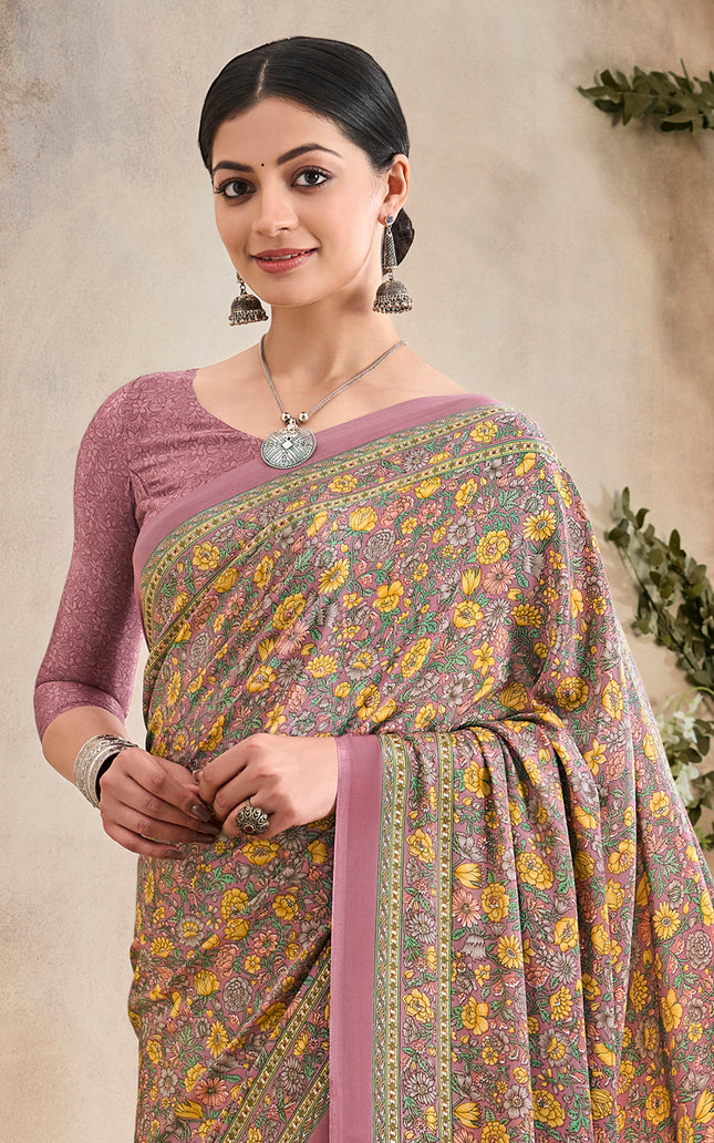 Flower Multi-Coloured Printed, Pure Italian Crape Saree (Pink)