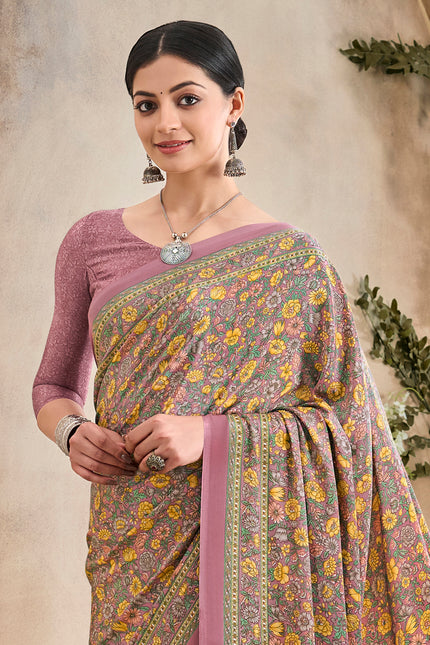 Flower Multi-Coloured Printed, Pure Italian Crape Saree (Pink)