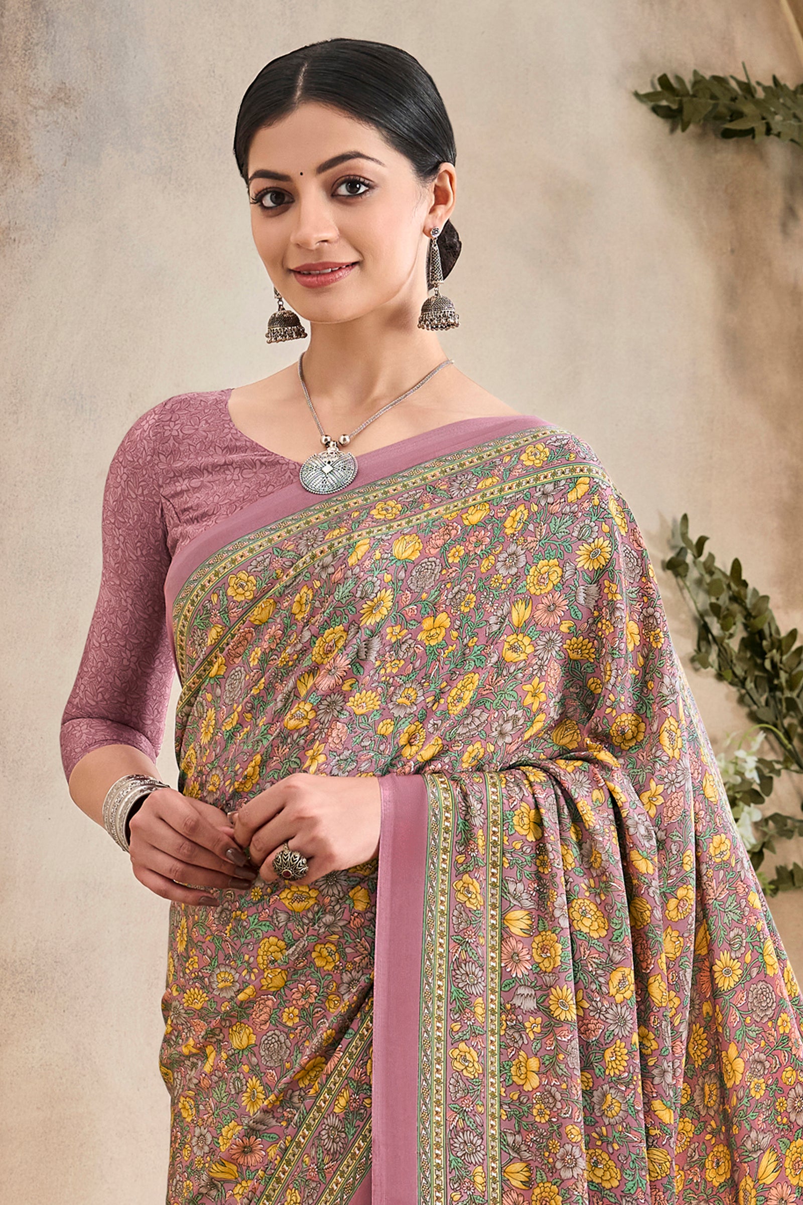 Flower Multi-Coloured Printed, Pure Italian Crape Saree (Pink - Peach)