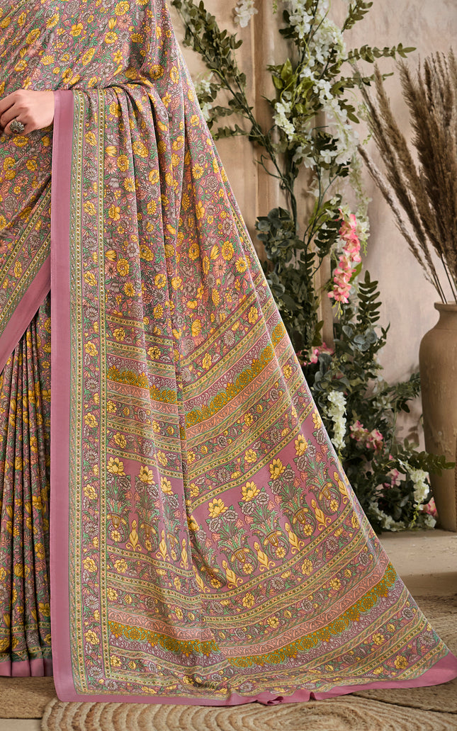 Flower Multi-Coloured Printed, Pure Italian Crape Saree (Pink)