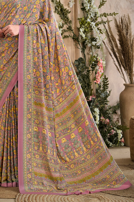 Flower Multi-Coloured Printed, Pure Italian Crape Saree (Pink)