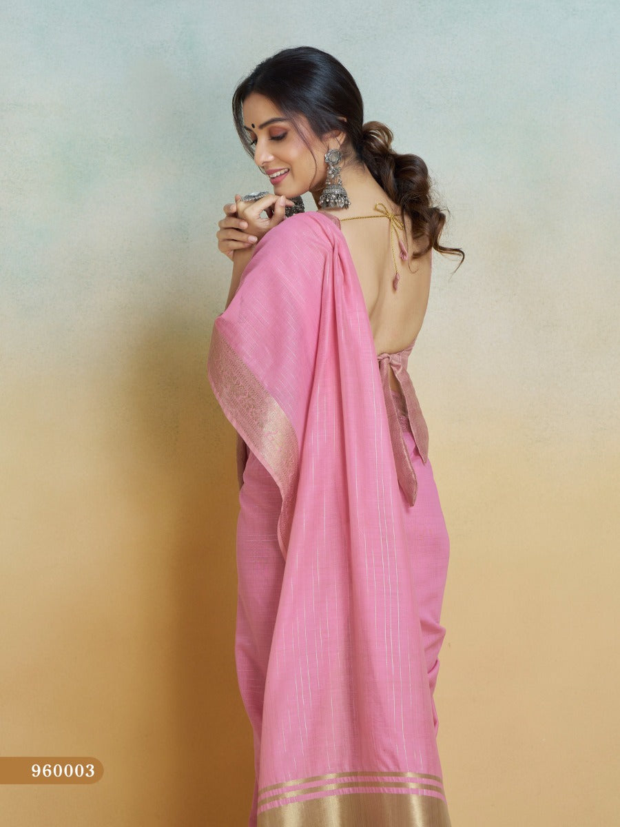 Banarasi Border, Pure Handloom Khadi Silk With Chit Pallu & Tassels (Baby Pink)