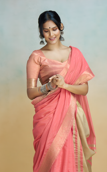 Banarasi Border, Pure Handloom Khadi Silk With Chit Pallu & Tassels (Rani Pink)