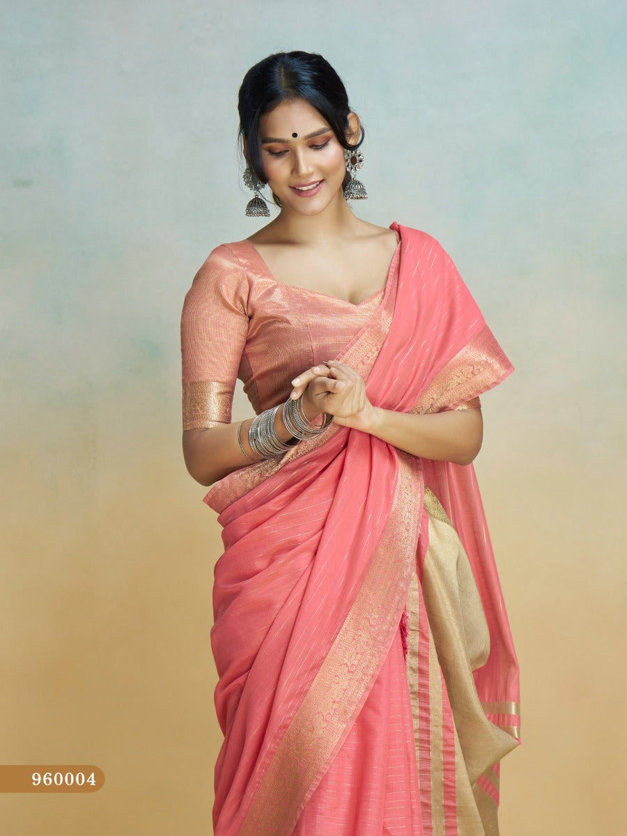 Banarasi Border, Pure Handloom Khadi Silk With Chit Pallu & Tassels (Rani Pink)