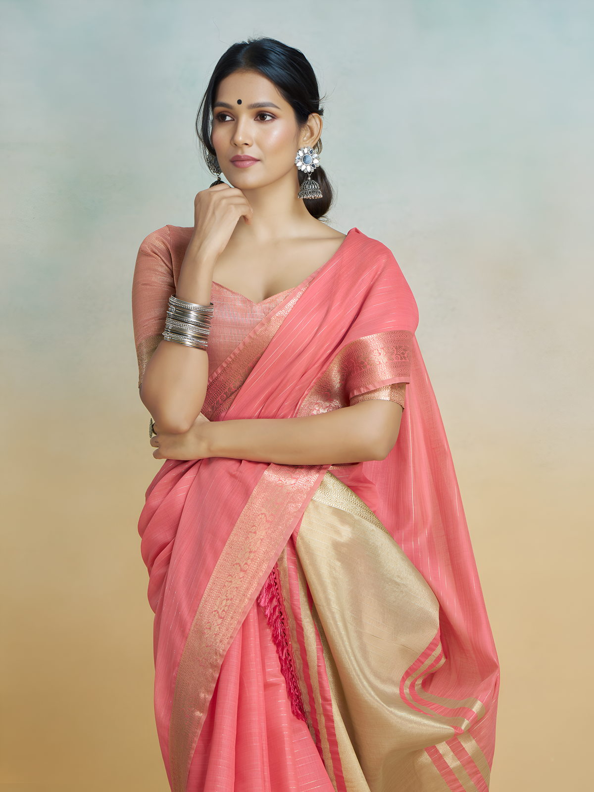 Banarasi Border, Pure Handloom Khadi Silk With Chit Pallu & Tassels (Rani Pink)