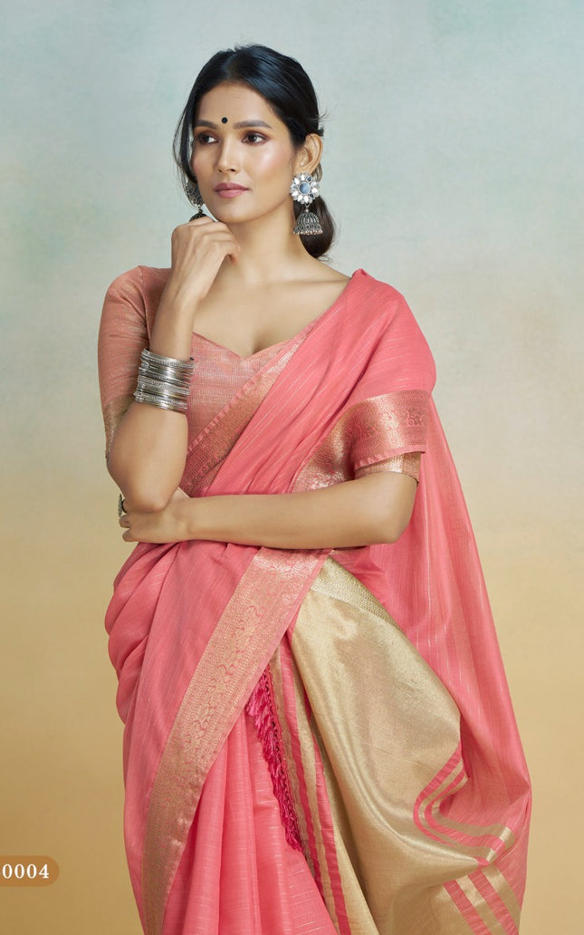 Banarasi Border, Pure Handloom Khadi silk, With Chit Pallu And Tassels (Rani)