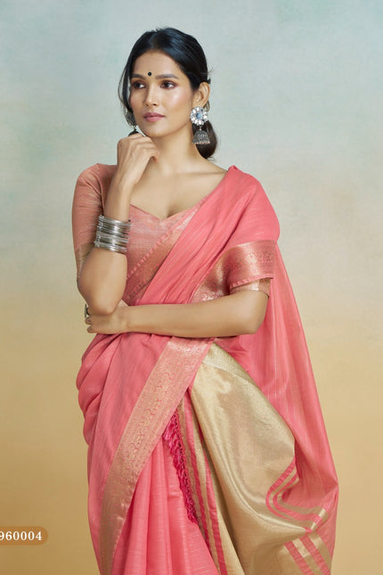 Banarasi Border, Pure Handloom Khadi silk, With Chit Pallu And Tassels (Rani)