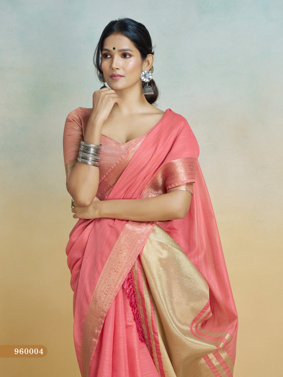 Banarasi Border, Pure Handloom Khadi Silk With Chit Pallu & Tassels (Rani Pink)