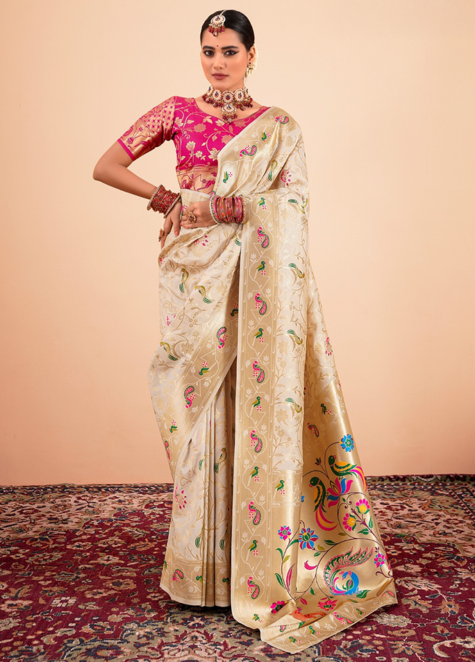 Paithani Silk Saree With Contrast Blouse (Cream)