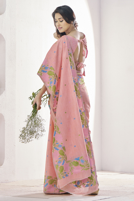 Pure Linen Saree, With All Over Weaving Contrast Border And C Pallu (Peach)