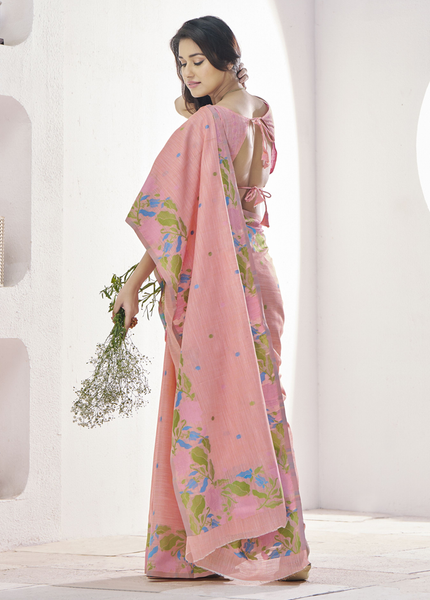 Pure Linen Saree, With All Over Weaving Contrast Border And C Pallu (Peach)