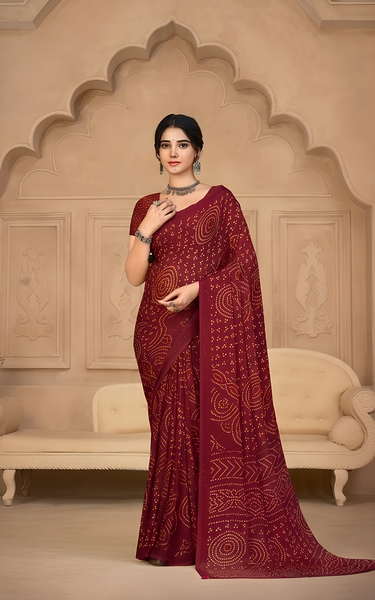 Georgette Bandhani Print Saree Maroon Festive Ethnic Wear with Blouse Piece