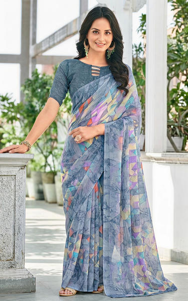Georgette Geometric Print Saree Cream Party Wear with Blouse Piece