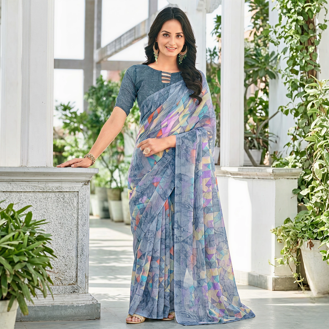 Chiffon Georgette Geometric Print Saree with Blouse Piece (Grey)