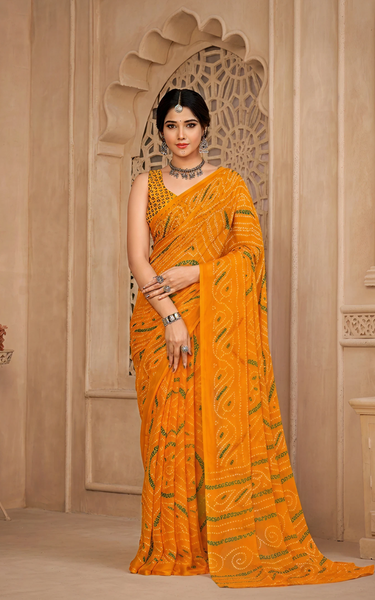 Georgette Graphic Print Saree Yellow Party Wear with Blouse Piece