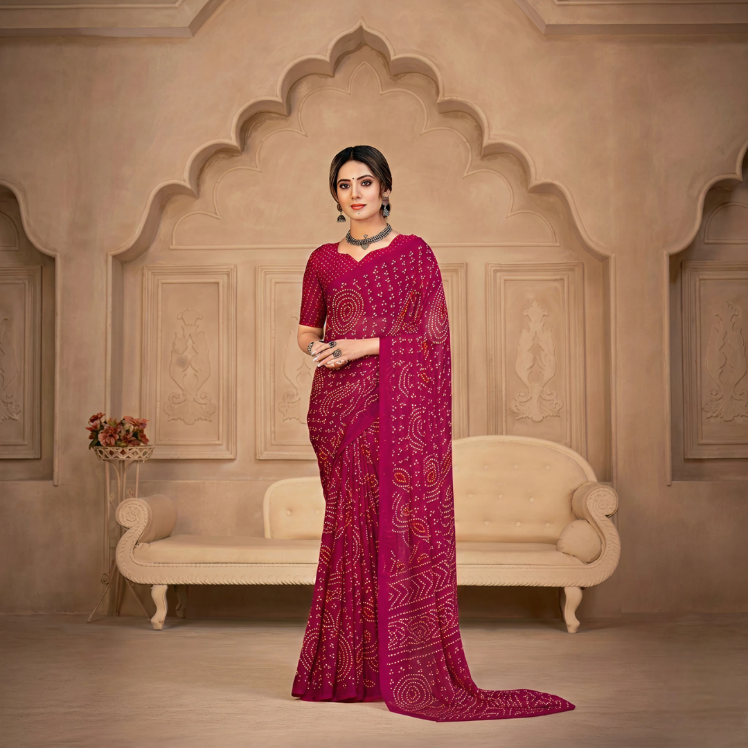 Georgette Bandhani Print Saree Festive Ethnic Wear with Blouse Piece (Rani Pink)
