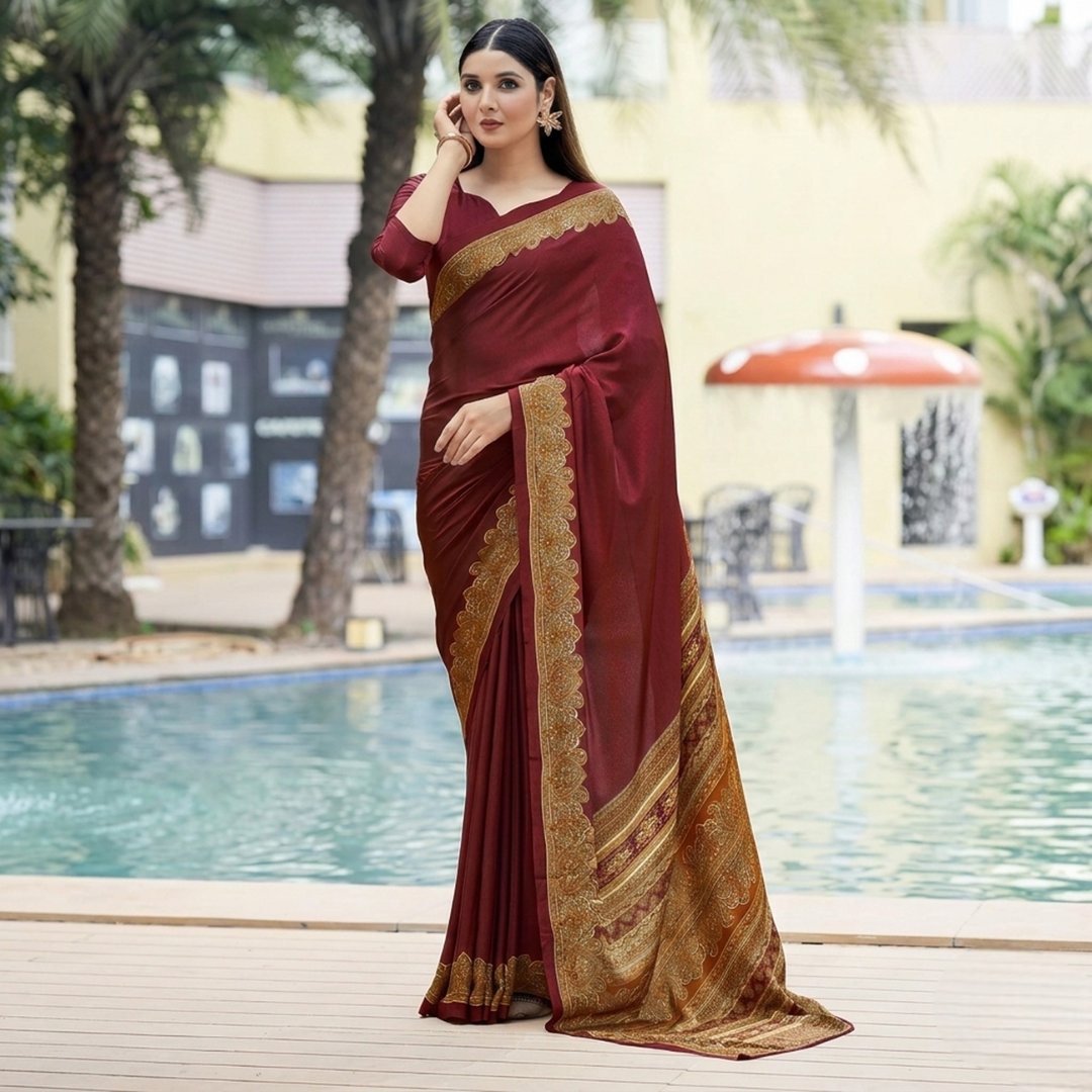 Plain Self Printed Italian Silk Crape With Contrast Pallu (Red)