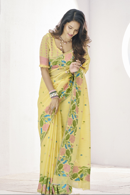 Pure Linen Saree, With All Over Weaving Contrast Border And C Pallu (Yellow)