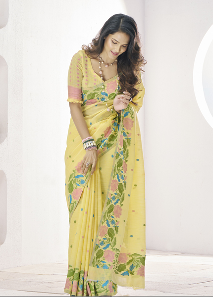 Pure Linen Saree, With All Over Weaving Contrast Border And C Pallu (Yellow)