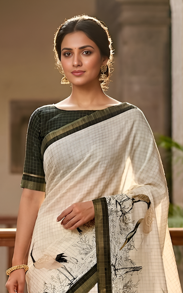 Pure Linen Zari Chex Weaving Duck Print Saree (Off-white & Black)