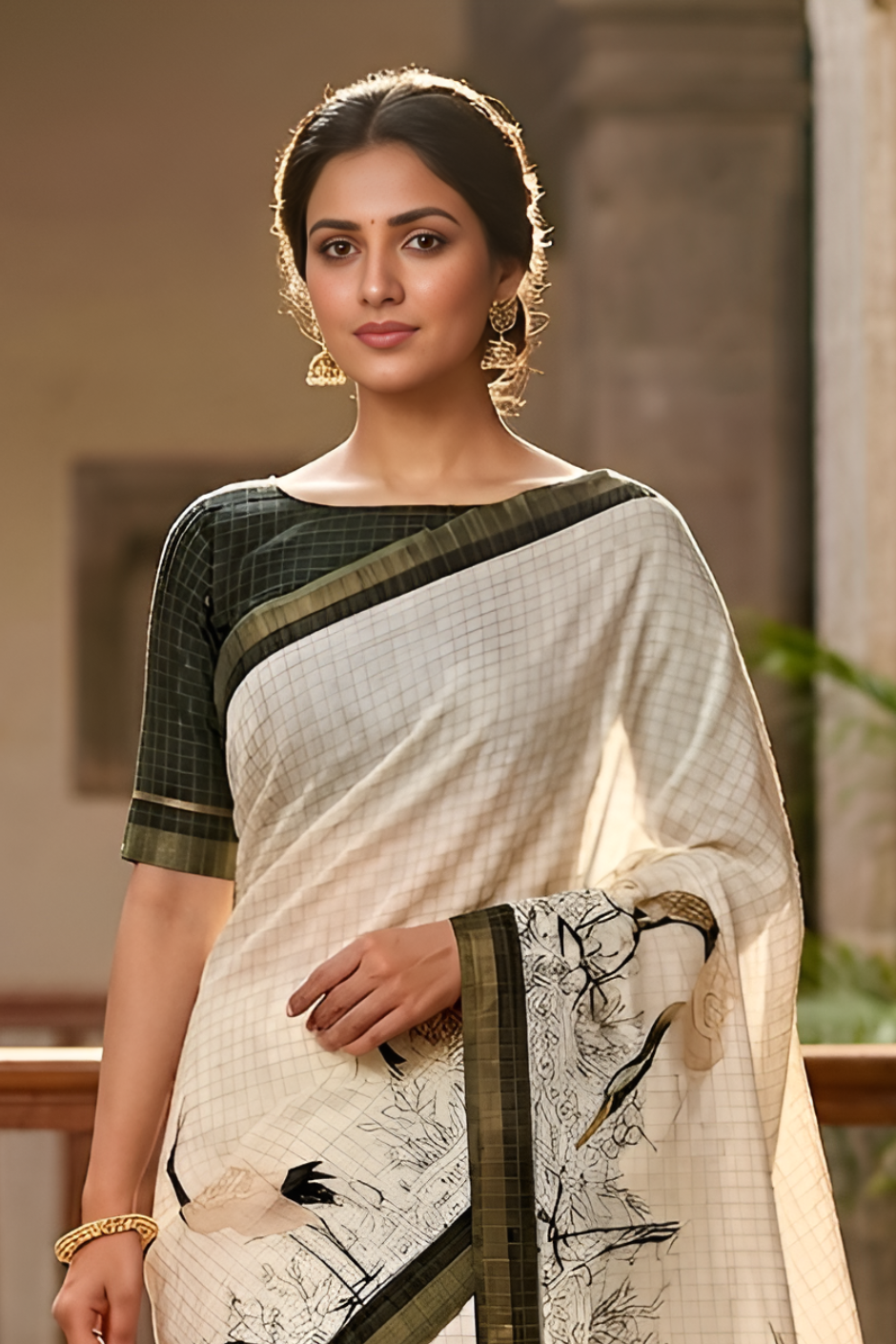 Pure Linen Zari Chex Weaving Duck Print Saree (Off-white & Black)