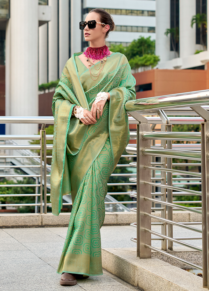 Handloom Kanjivaram Buttery Silk with Zari Weaving (Sage Green)