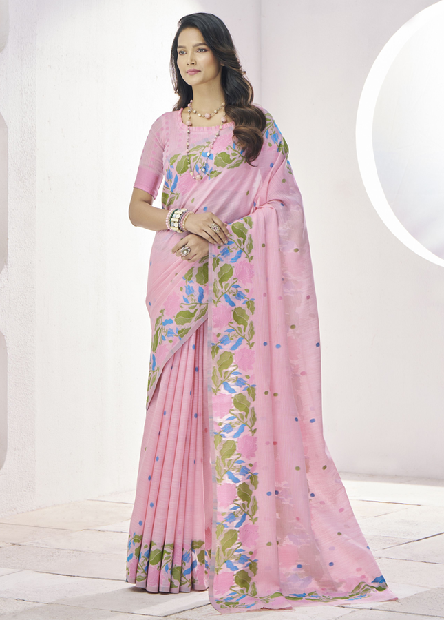 Pure Linen Saree, With All Over Weaving Contrast Border And C Pallu (Pink)