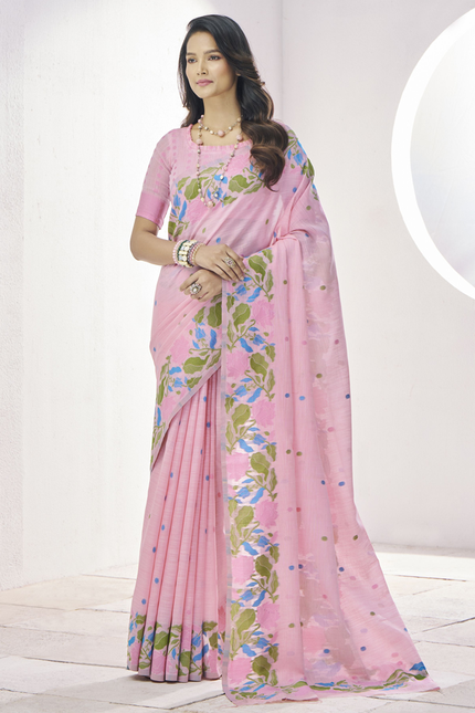 Pure Linen Saree, With All Over Weaving Contrast Border And C Pallu (Pink)