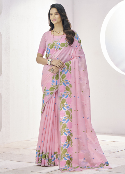 Pure Linen Saree, With All Over Weaving Contrast Border And C Pallu (Pink)