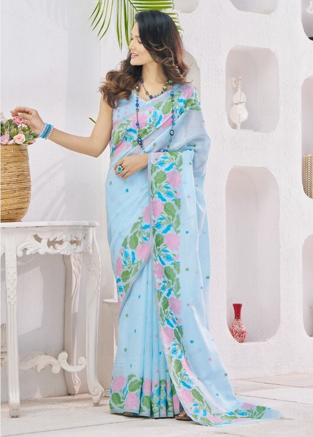 Pure Linen Saree, With All Over Weaving Contrast Border And C Pallu (Blue)