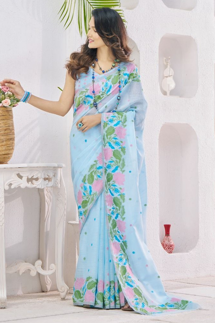 Pure Linen Saree, With All Over Weaving Contrast Border And C Pallu (Blue)