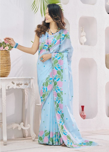 Pure Linen Saree, With All Over Weaving Contrast Border And C Pallu (Blue)