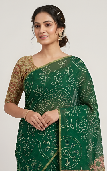 Ajrakh Kalamkari Zari Border Chanderi Saree (Emerald Green)