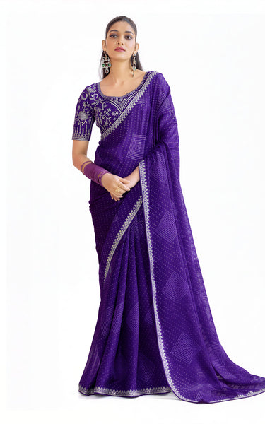 Georgette Cutwork Embroidery Saree Purple Party Wear with Blouse Piece