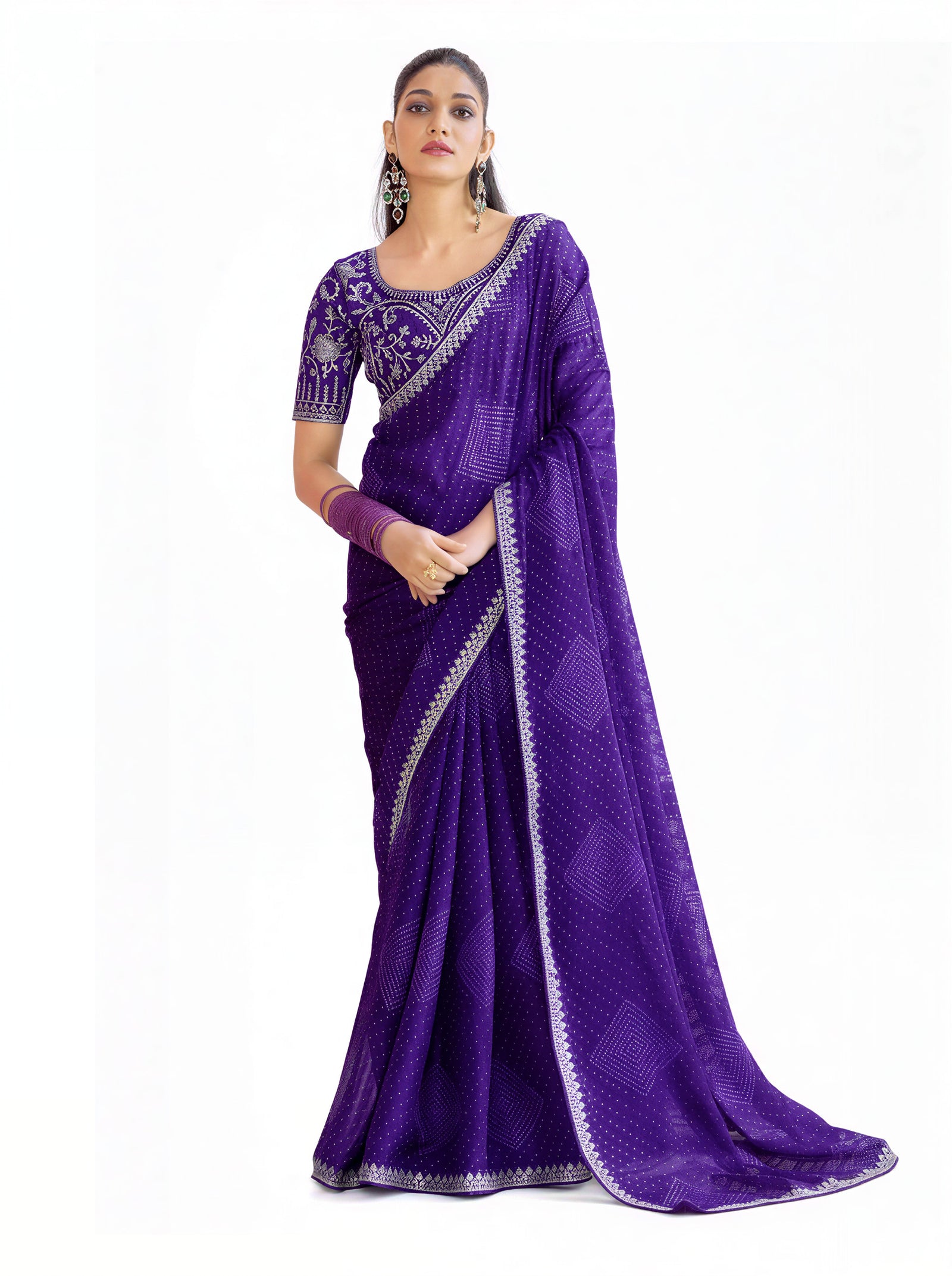 Georgette Cutwork Embroidery Saree Purple Party Wear with Blouse Piece