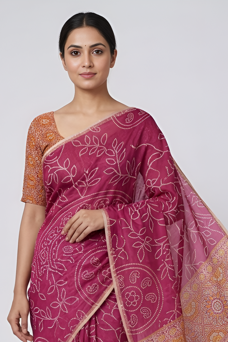 Ajrakh Kalamkari Zari Border Chanderi Saree (Magenta)